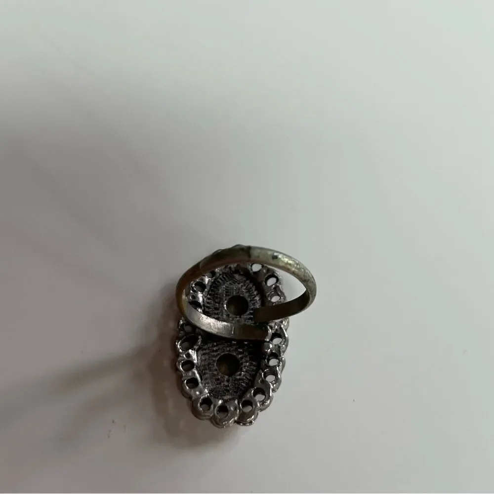 Vintage Silver Mexican Navajo Iridescent Abalone Moonstone Filigree Oval Ring